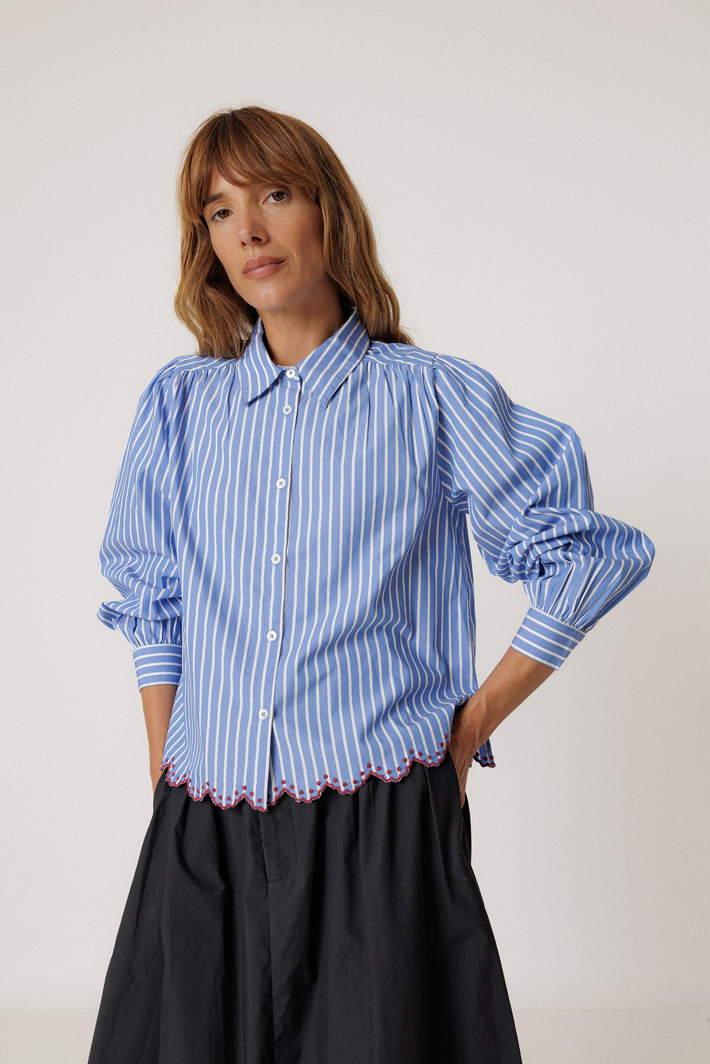 SCALLOPED HEM STRIPED SHIRT